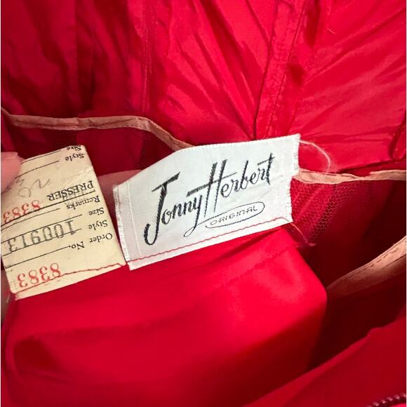 1950s Jonny Herbert Couture Red Taffeta Party Dress XS Rockabilly Pin Up Vtg - Picture 7 of 16